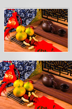 橙子茶具中国春节物品元素背景摄影图片
