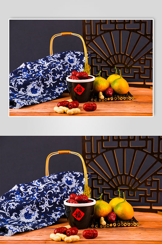 橙子茶具大枣春节物品元素背景摄影图片