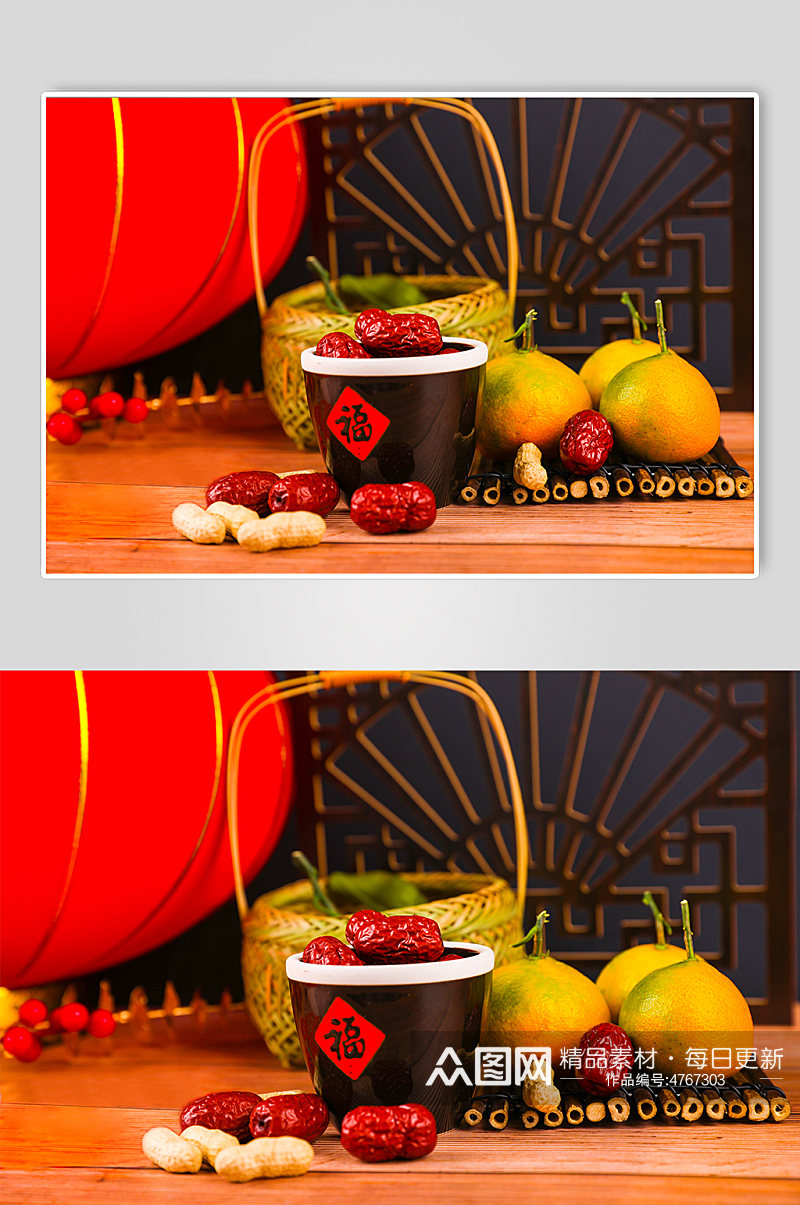 橙子茶具大枣春节物品元素背景摄影图片素材
