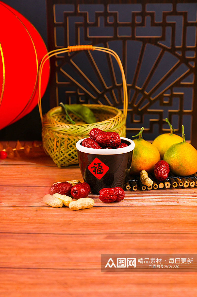 橙子茶具大枣春节物品元素背景摄影图片素材