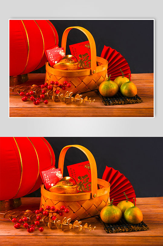 金元宝橙子灯笼春节物品元素背景摄影图片