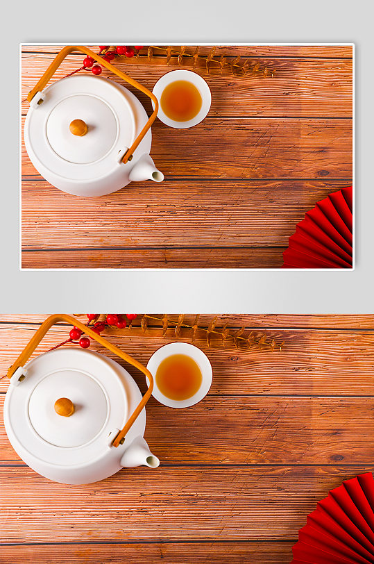 白色茶壶茶杯春节物品元素背景摄影图片