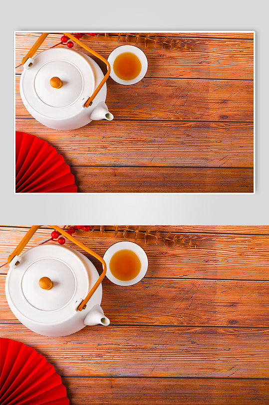木桌茶具灯笼春节物品元素背景摄影图片