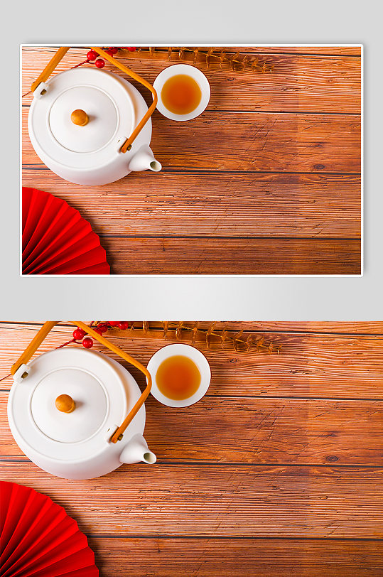 木桌茶具燈籠春節(jié)物品元素背景攝影圖片