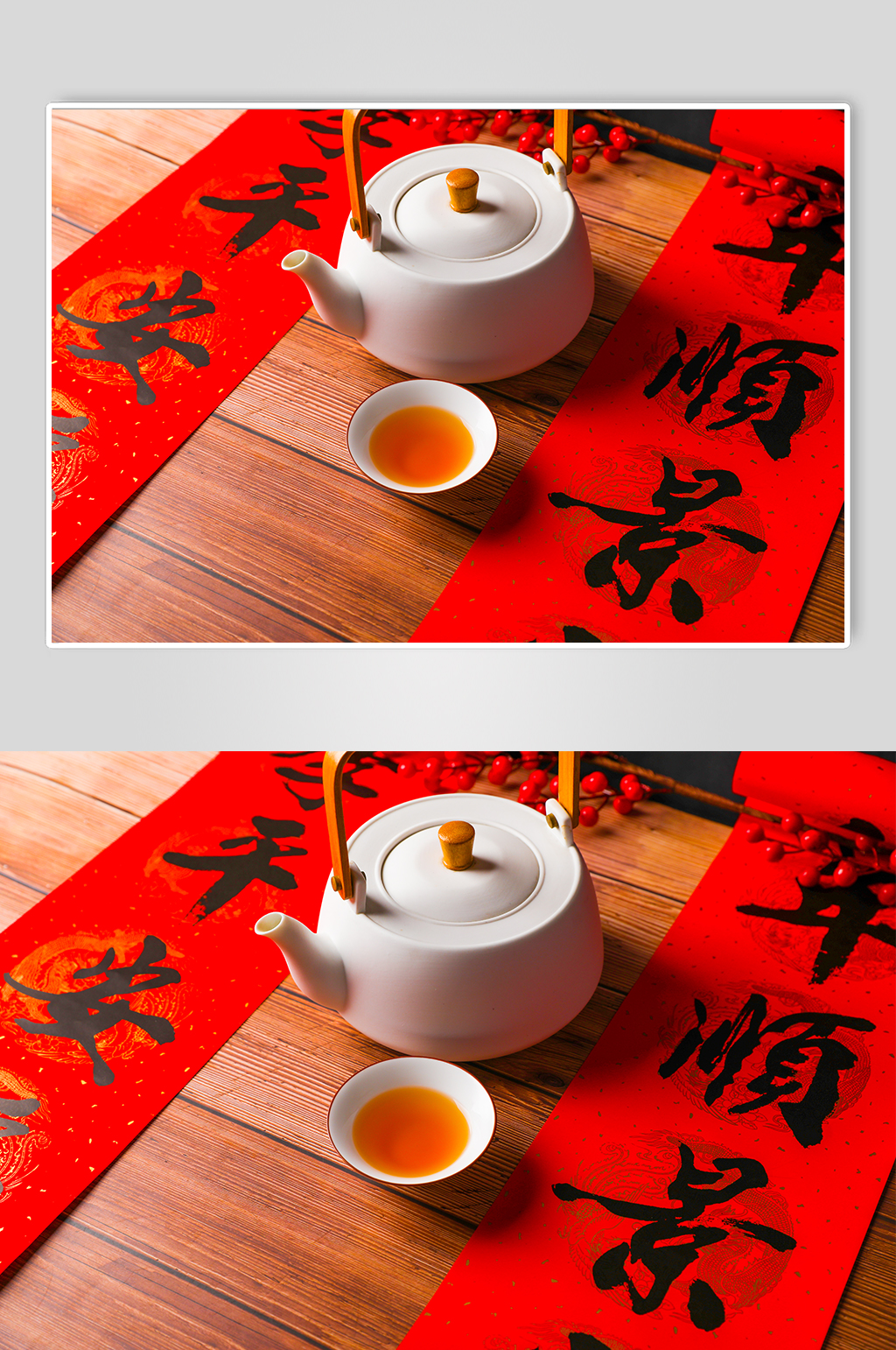 对联茶具春节物品元素背景摄影图片素材