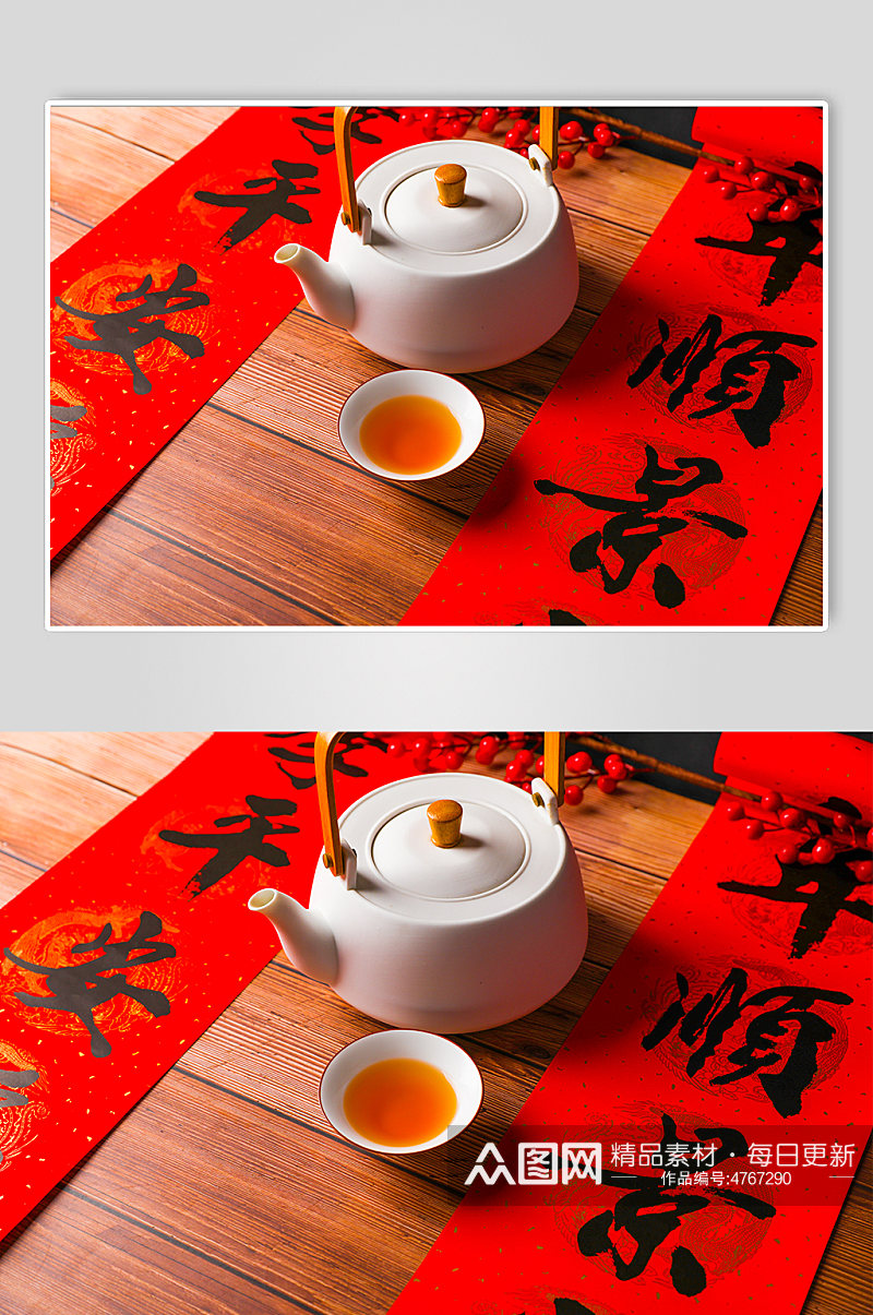 对联茶具春节物品元素背景摄影图片素材