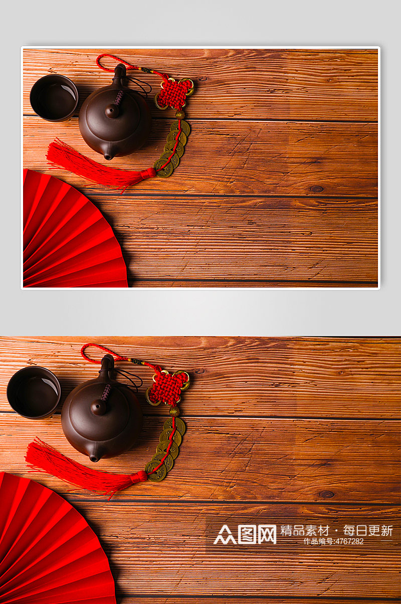 茶具扇子春节物品元素背景摄影图片素材