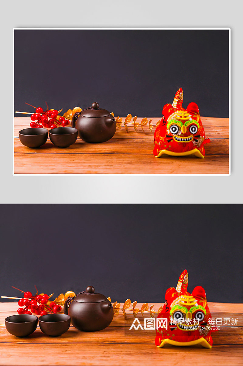 茶具虎头春节物品元素背景摄影图片素材