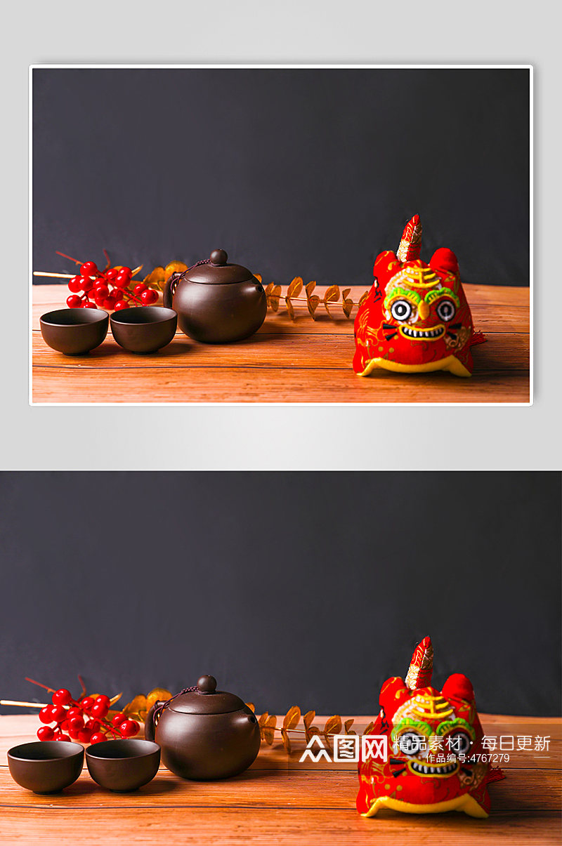 中国茶壶茶杯春节物品元素背景摄影图片素材