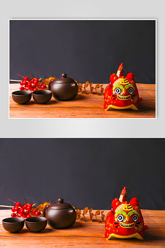 中国茶壶茶杯春节物品元素背景摄影图片