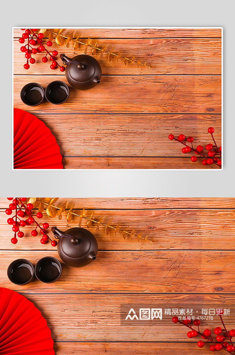 茶具扇子春节物品元素背景摄影图片素材