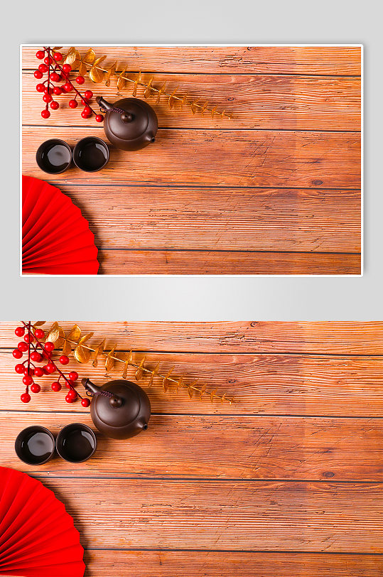 茶具扇子春节物品元素背景摄影图片