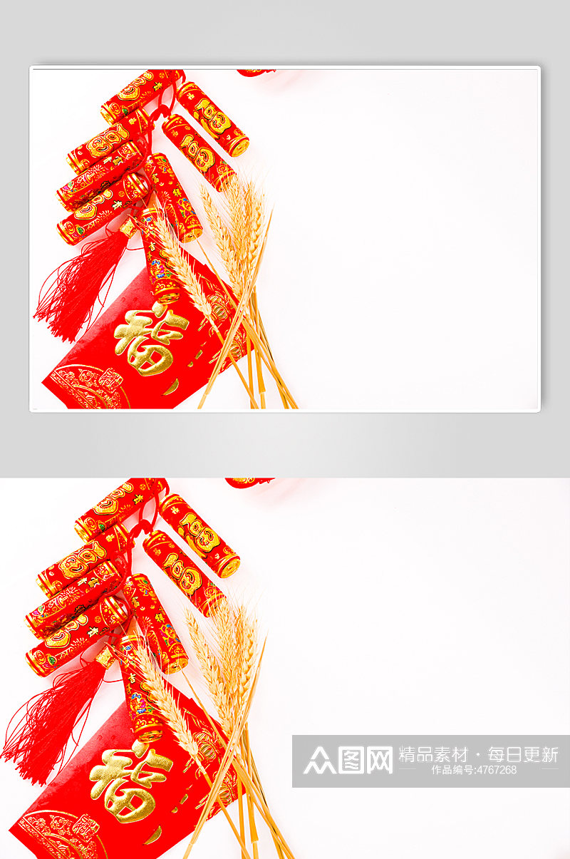 新年红包鞭炮麦穗春节物品元素背景摄影图片素材