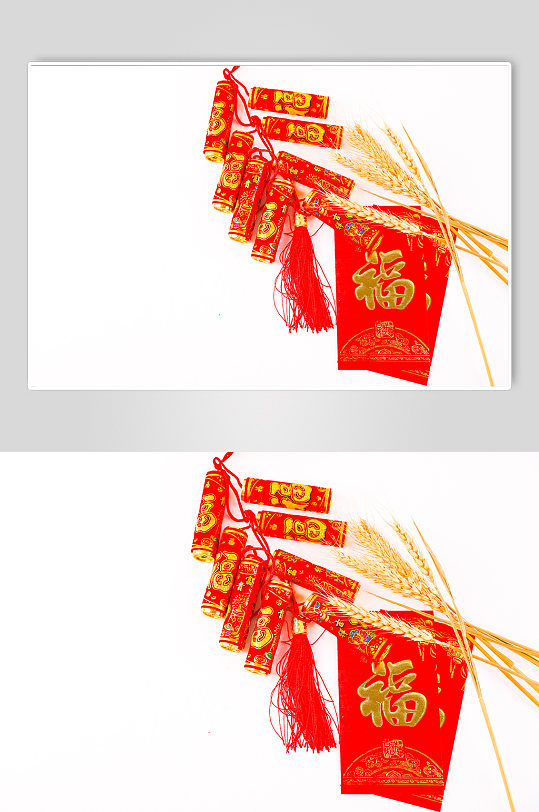 新年红包鞭炮麦穗春节物品元素背景摄影图片