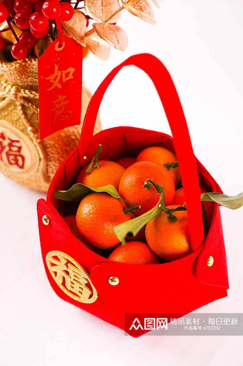 水果篮橘子发财树新年春节物品元素摄影图片素材