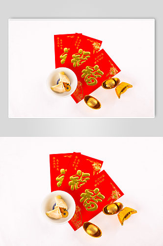 新年硬币饺子红包元宝春节物品元素摄影图片