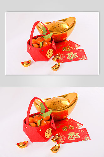 新年橘子红包元宝春节物品元素背景摄影图片