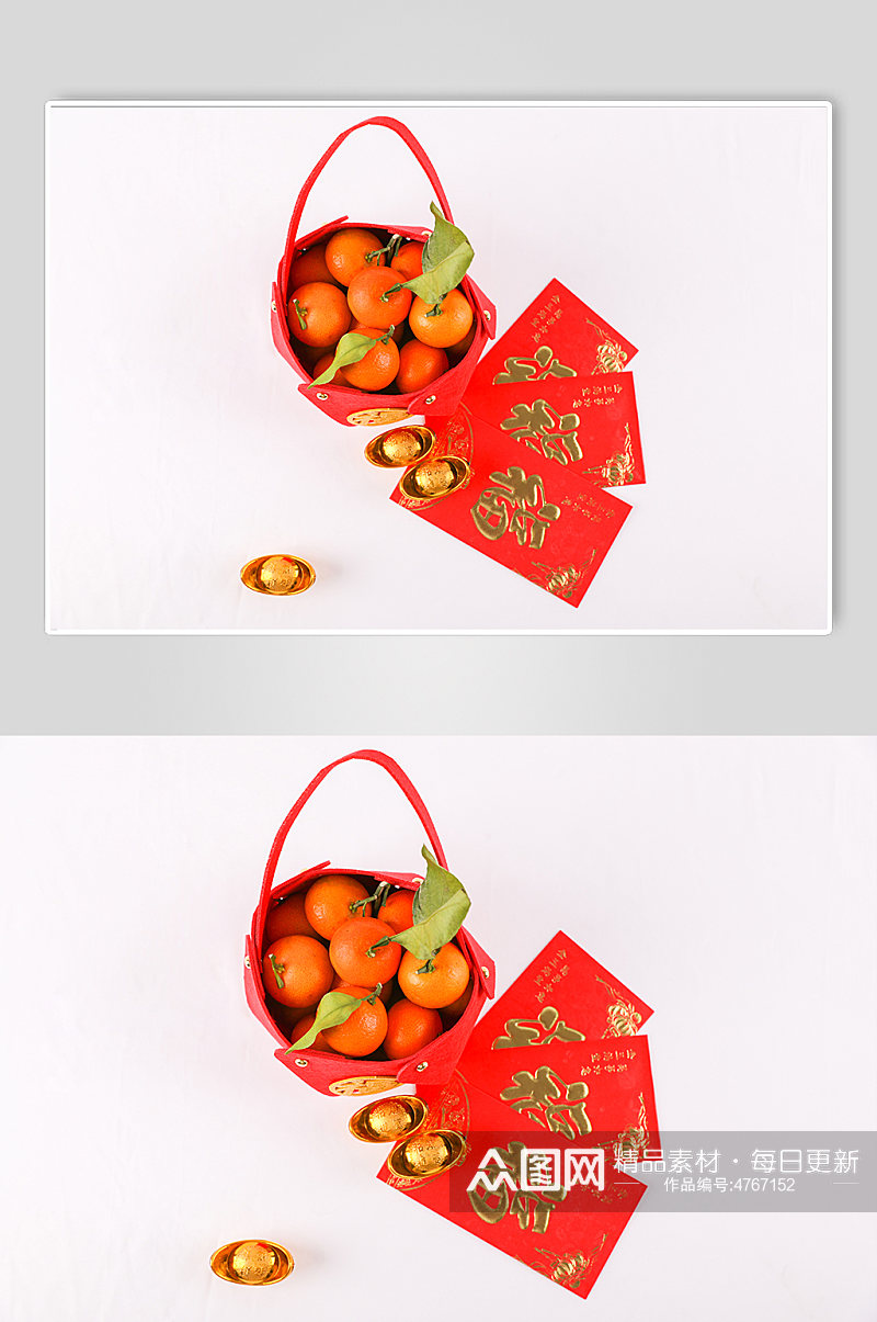 新年橘子红包元宝春节物品元素背景摄影图片素材