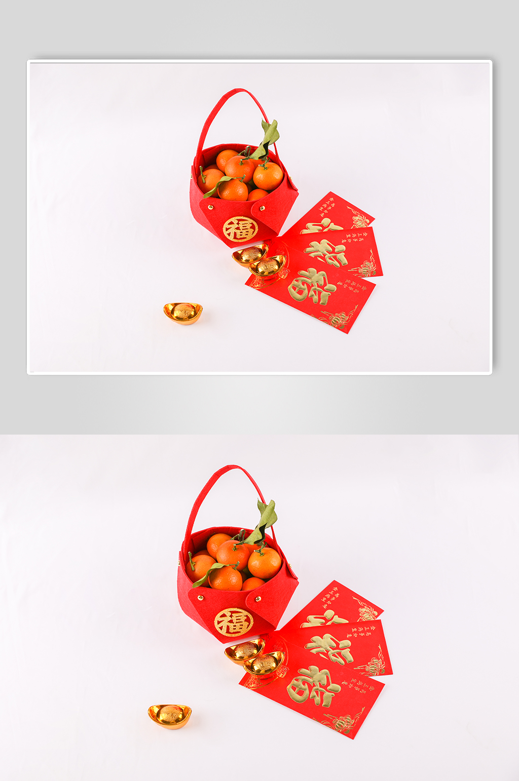新年橘子红包元宝春节物品元素背景摄影图片素材