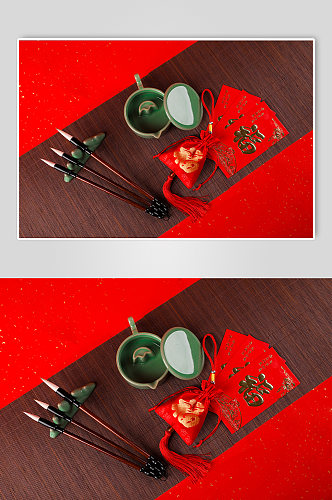 新年福袋红包笔墨纸砚春节物品元素摄影图片