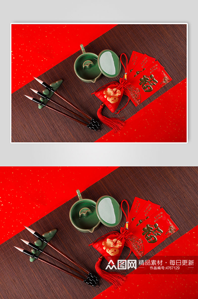 新年福袋红包笔墨纸砚春节物品元素摄影图片素材