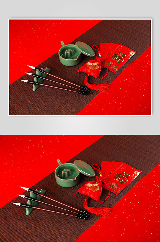 新年福袋红包笔墨纸砚春节物品元素摄影图片