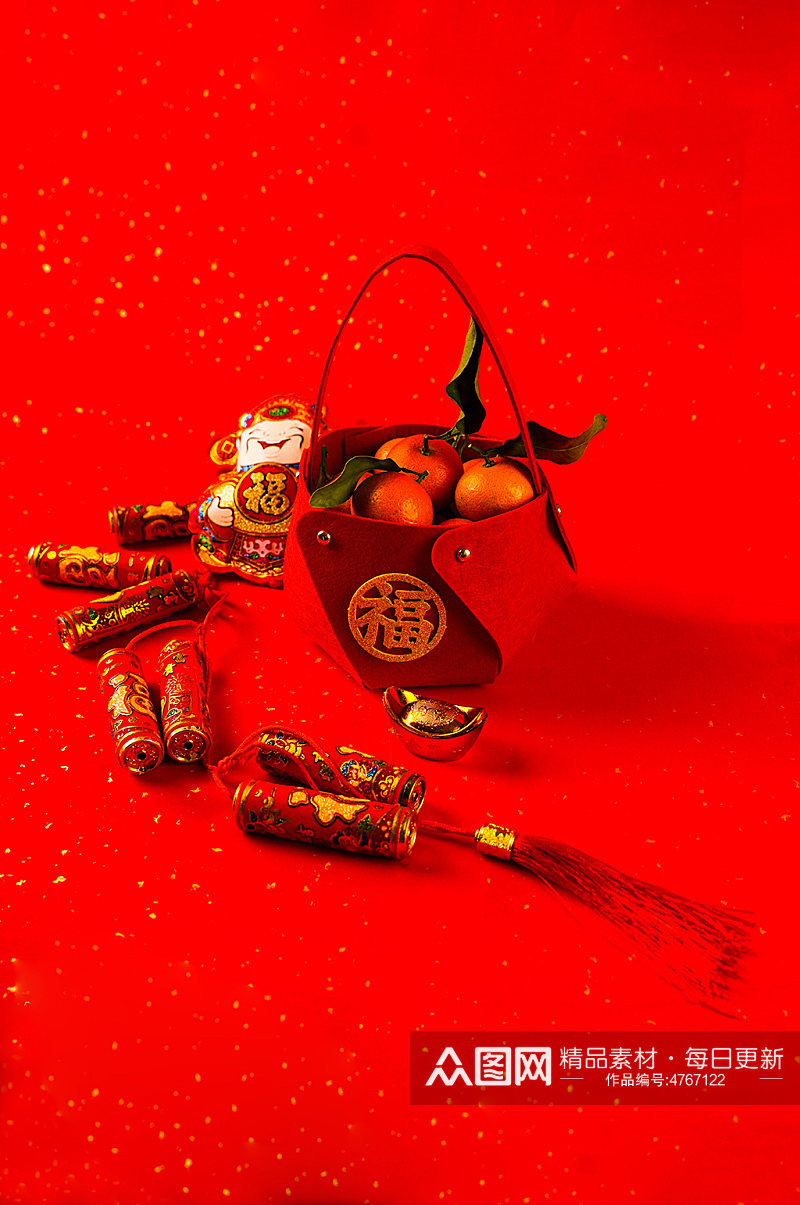 新年鞭炮橘子春节物品元素摄影图片素材