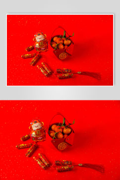 新年鞭炮财神橘子春节物品元素摄影图片