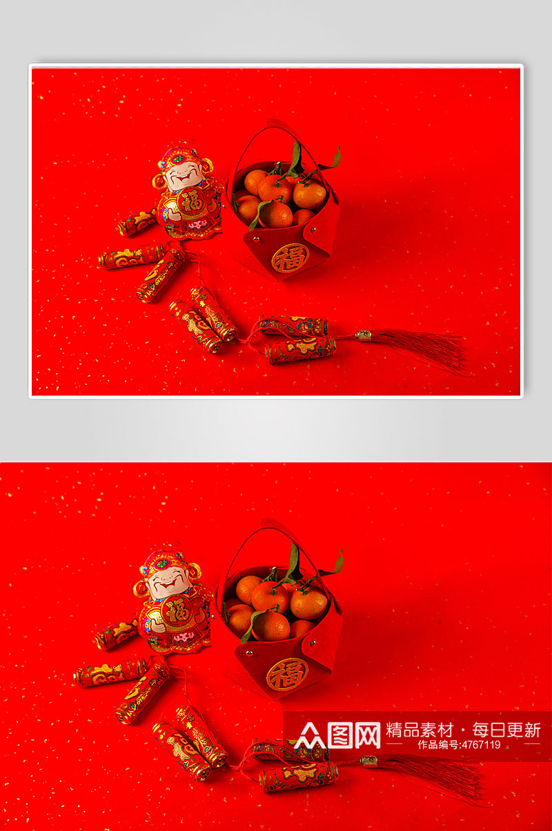 新年鞭炮财神橘子春节物品元素摄影图片素材