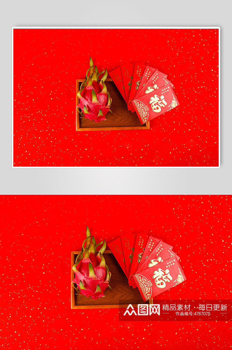 新年火龙果红包碗勺春节物品元素摄影图片素材