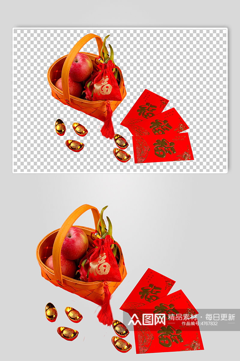 水果篮红包春节物品摄影图PNG免抠元素素材