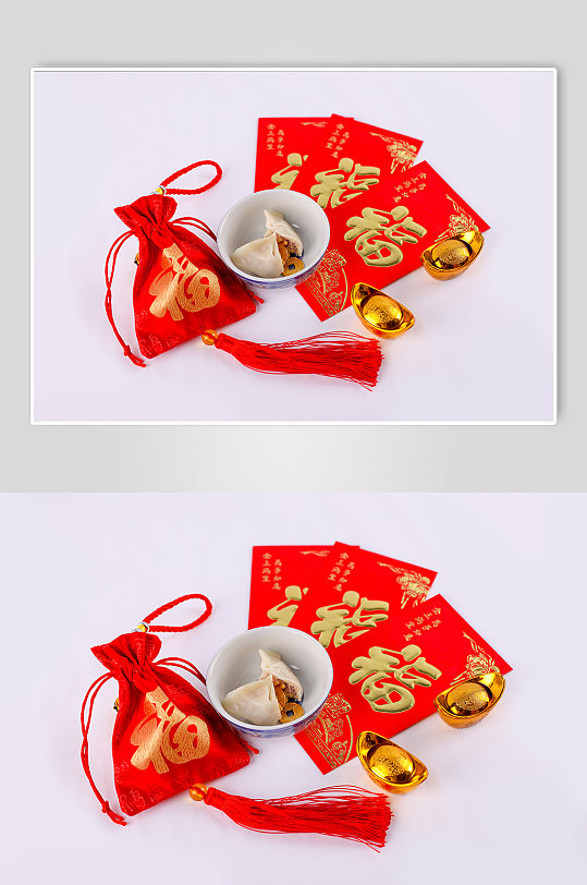 福袋红包饺子春节物品元素背景摄影图片