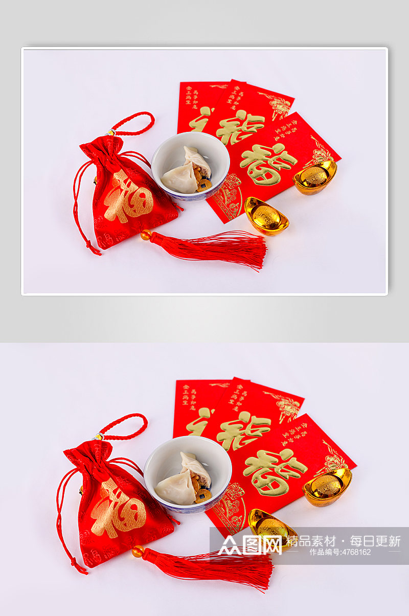 福袋红包饺子春节物品元素背景摄影图片素材