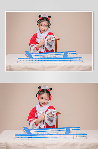 国潮麻将国粹新年兔年儿童人物摄影图精修