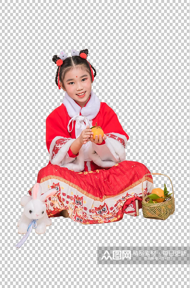 春节拿橘子兔年儿童人物免抠PNG摄影图片素材