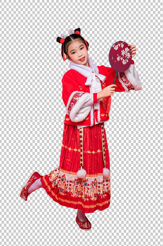 新年拿扇子兔年兒童人物免摳PNG攝影圖片
