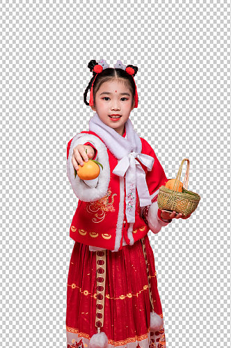 新年拿橘子兔年儿童人物免抠PNG摄影图片