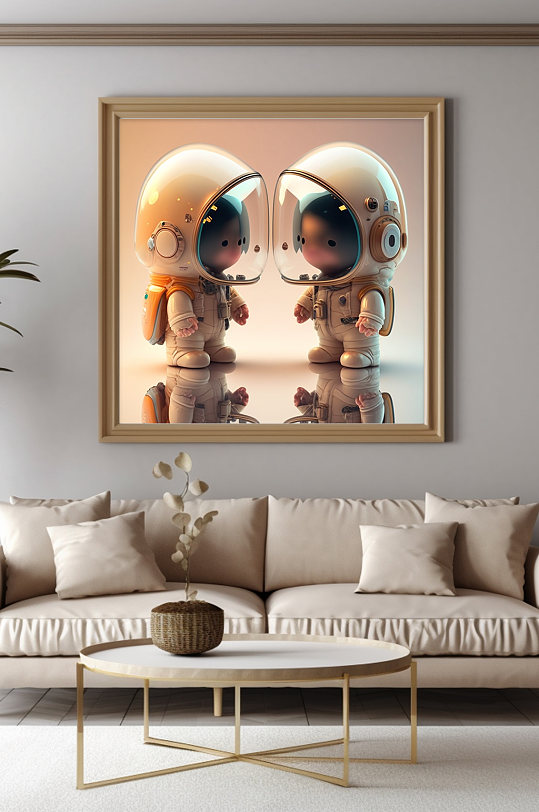 双人卡通儿童Q版宇宙太空宇航员装饰画