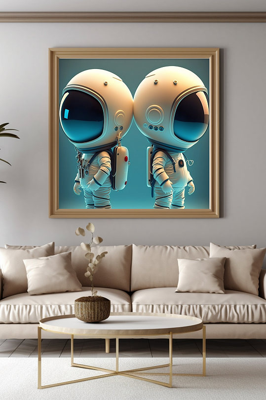 双人卡通儿童Q版宇宙太空宇航员装饰画