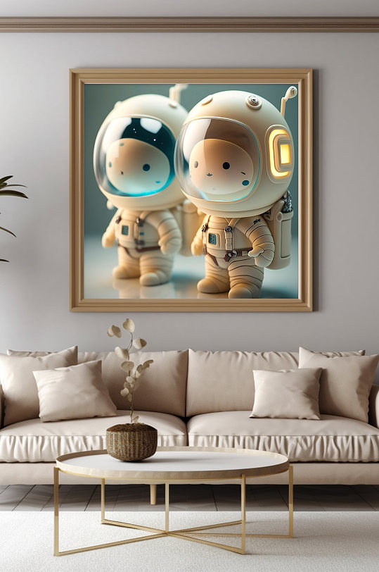 双人卡通儿童Q版宇宙太空宇航员装饰画