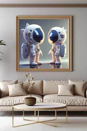 双人卡通儿童Q版宇宙太空宇航员装饰画