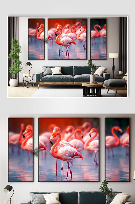 海边时尚火烈鸟动物ins风组合装饰画-众图网