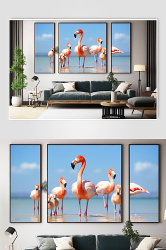 海边时尚火烈鸟动物ins风组合装饰画