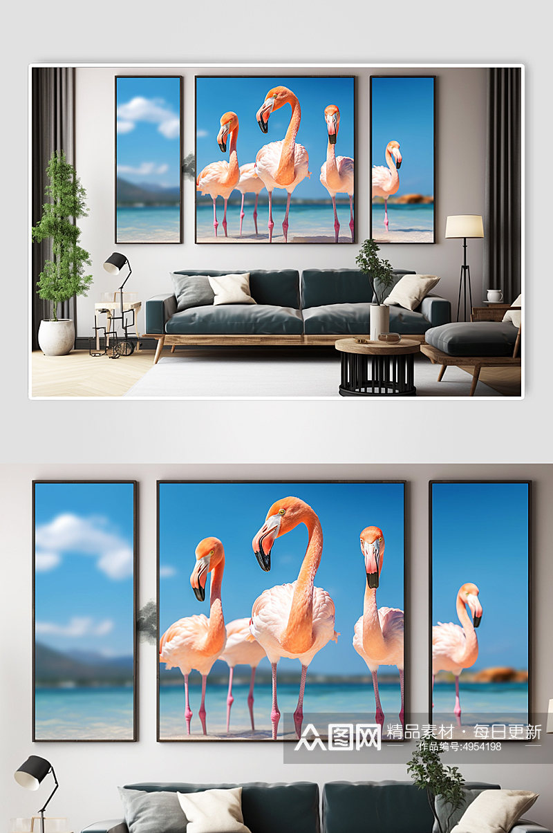 海边时尚火烈鸟动物ins风组合装饰画素材