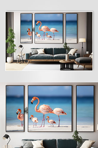 海边时尚火烈鸟动物ins风组合装饰画