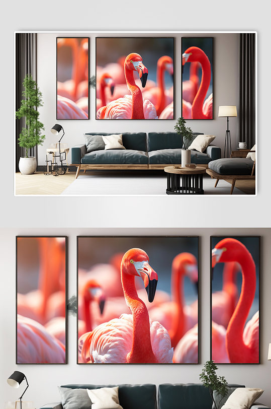 红色时尚火烈鸟动物ins风组合装饰画