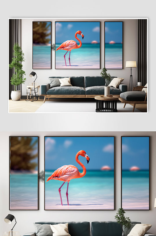 海滩时尚火烈鸟动物ins风组合装饰画