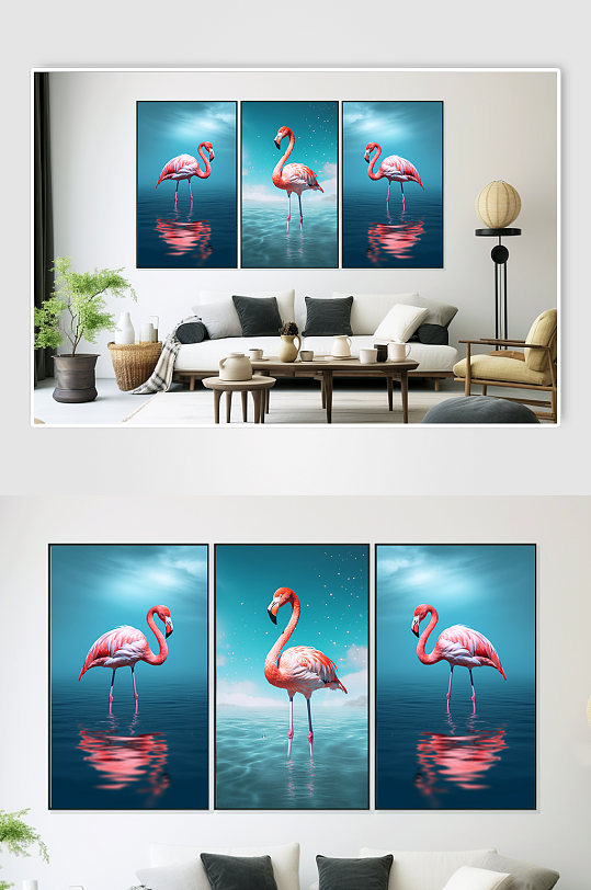海边时尚火烈鸟动物ins风组合装饰画-众图网
