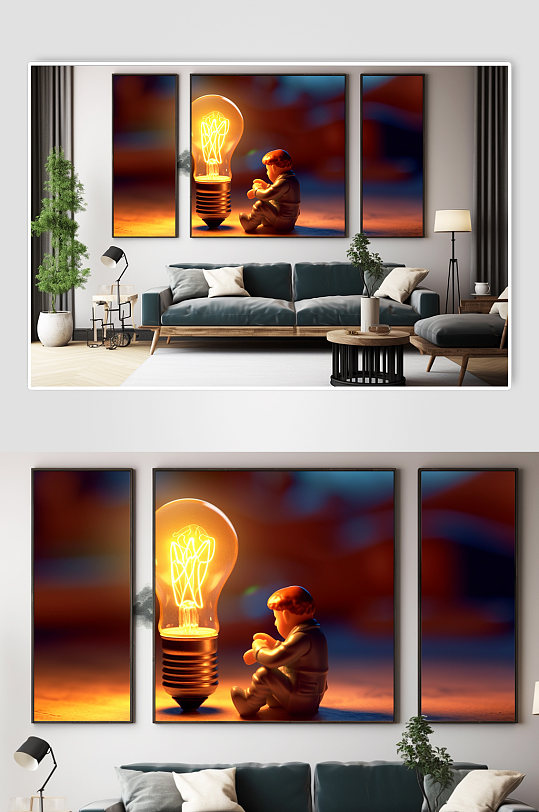 沉思励志企业精神灵感电灯泡分幅装饰画
