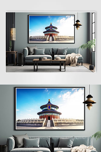 中国北京天坛旅游景点风景建筑湖边装饰画